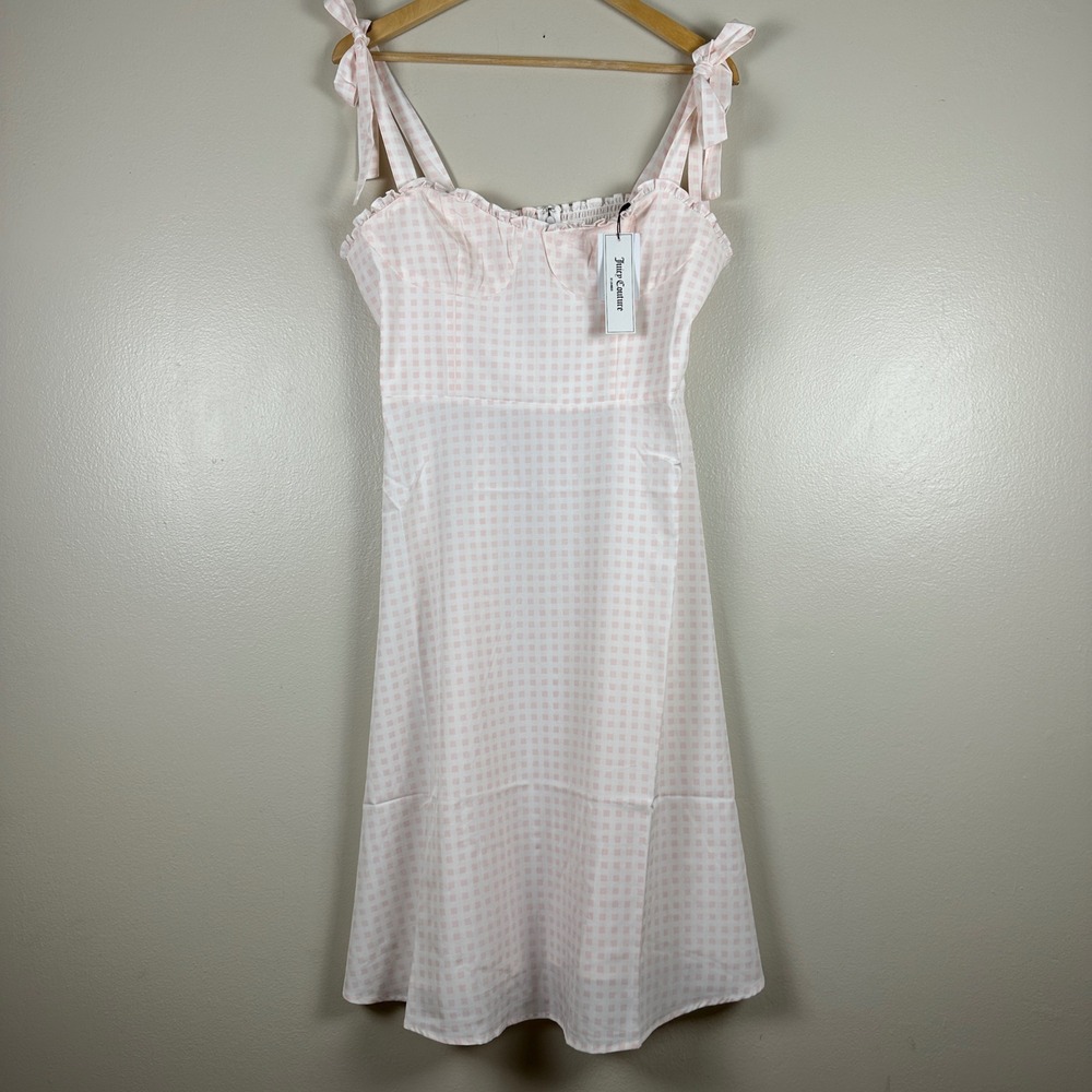 Juicy Couture Women's XL Midi Dress Pink Pearl Plaid Tie Shoulder Sweetheart
